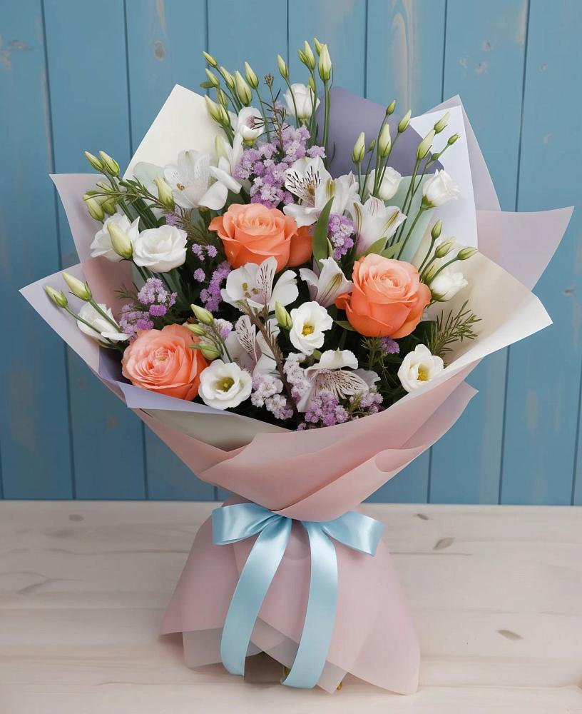 Букет цветов из: Лизиантусы, Розы, Альстромерии и Гипсофила в Щедрино